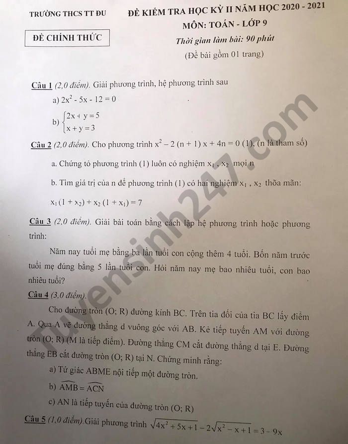 Đề thi học kì 2 năm 2021 THCS TT Đu môn Toán lớp 9
