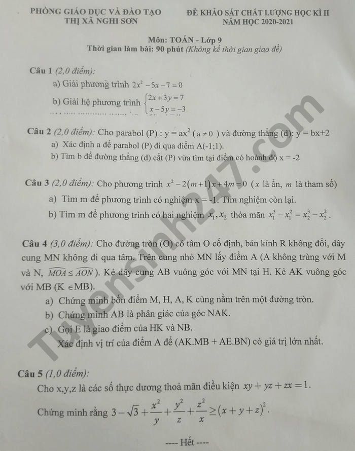 Đề thi học kì 2 Phòng GD TX Nghi Sơn năm 2021 môn Toán lớp 9 