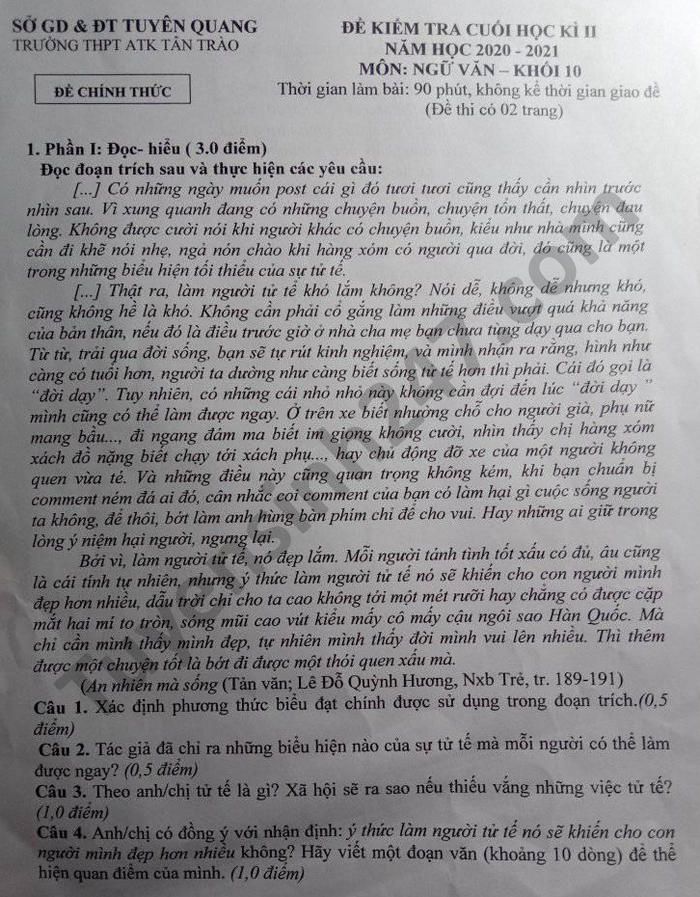 Đề thi học kì 2 năm 2021 môn Văn lớp 10 THPT ATK Tân Trào