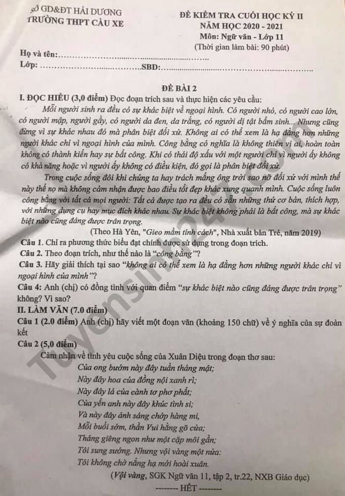 Đề thi học kì 2 THPT Cầu Xe năm 2021 môn Văn lớp 11 