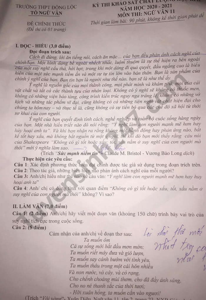 Đề thi học kì 2 THPT Đồng Lộc năm 2021 môn Văn lớp 11