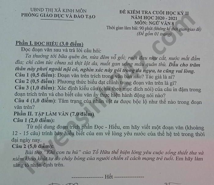 Đề thi học kì 2 năm 2021 Phòng GD TX Kinh Môn môn Văn lớp 8 