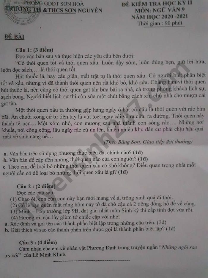 Đề thi học kì 2 năm 2021 môn Văn lớp 9 TH-THCS Sơn Nguyên 