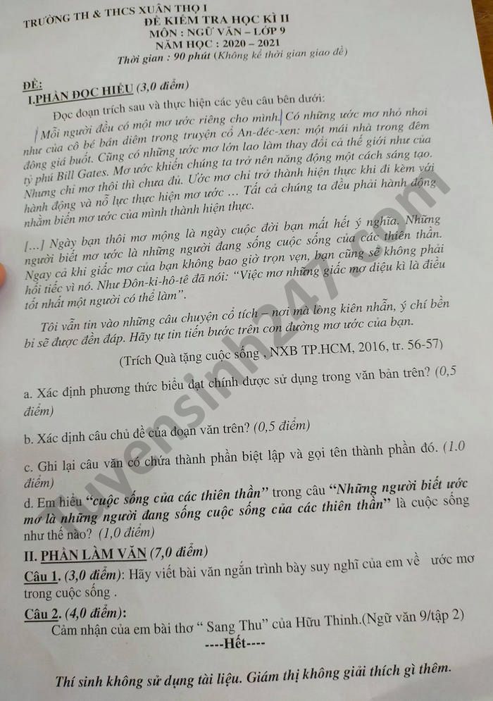 Đề thi học kì 2 năm 2021 môn Văn lớp 9 TH-THCS Xuân Thọ 1