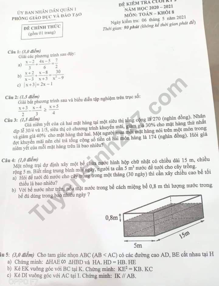 Đề thi kì 2 lớp 8 Quận 1 môn Toán năm 2021 