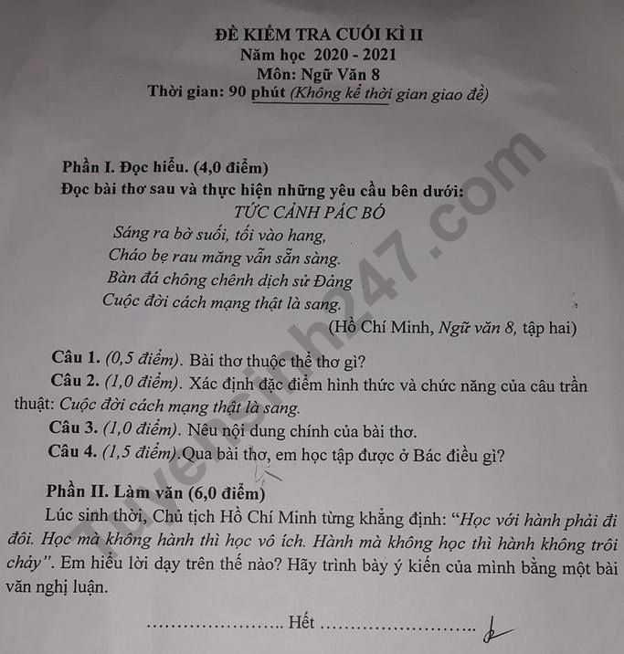 Đề thi kì 2 lớp 8 năm 2021 môn Văn - Phòng GD Võ Nhai