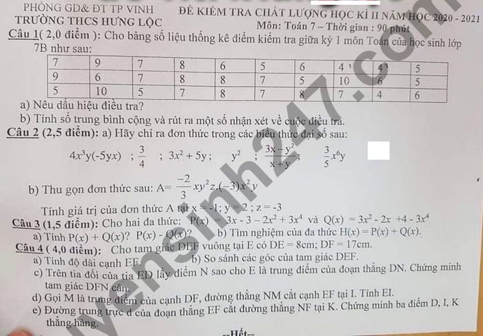 Đề thi học kì 2 lớp 7 môn Toán 2021 - THCS Hưng Lộc