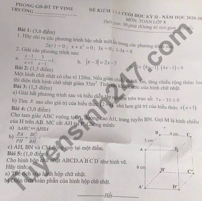 Đề thi học kì 2 năm 2021 THCS Hà Huy Tập lớp 8 môn Toán