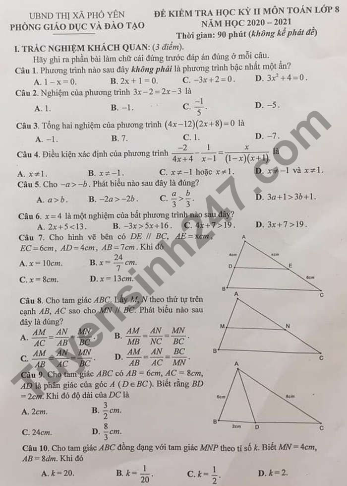 Đề thi học kì 2 lớp 8 môn Toán 2021 - TX Phổ Yên