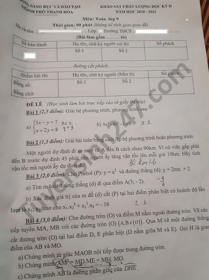 Đề thi học kì 2 năm 2021 môn Toán lớp 9 Phòng GD TP Thanh Hóa 