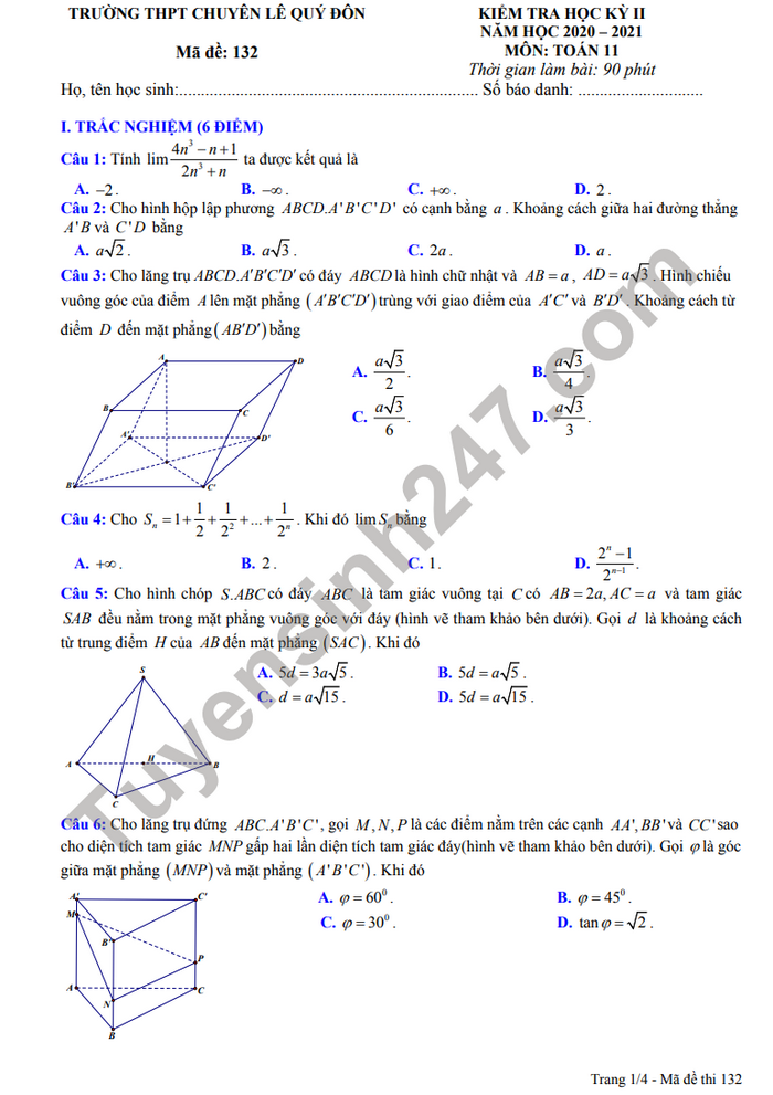 Đề thi học kì 2 môn Toán lớp 11 THPT chuyên Lê Quý Đôn năm 2021 
