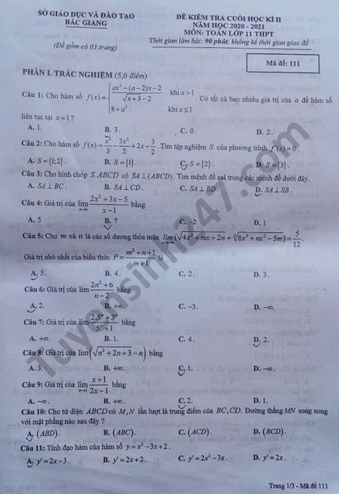 Đề thi học kì 2 năm 2021 tỉnh Bắc Giang môn Toán lớp 11 