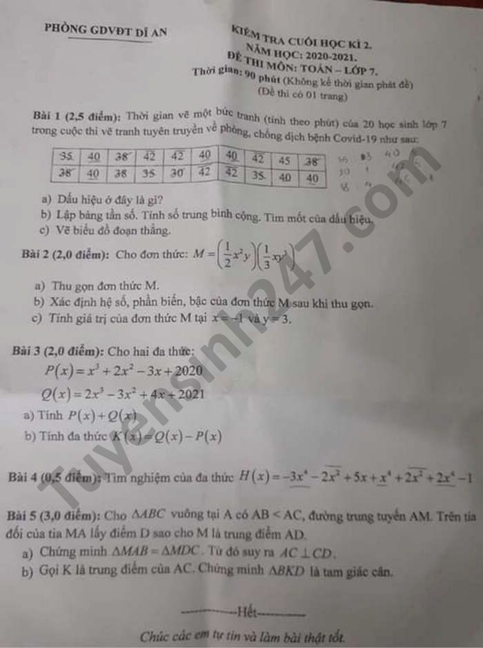 Đề thi học kì 2 môn Toán lớp 7 Phòng GD Dĩ An năm 2021