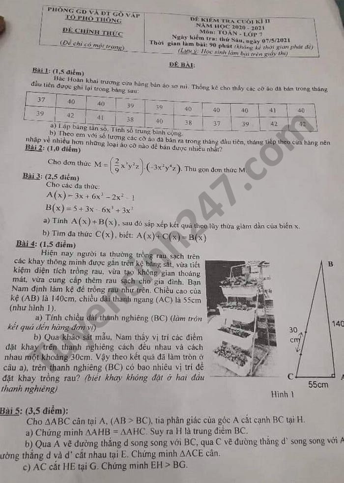 Đề thi học kì 2 năm 2021 Phòng GD Gò Vấp môn Toán lớp 7