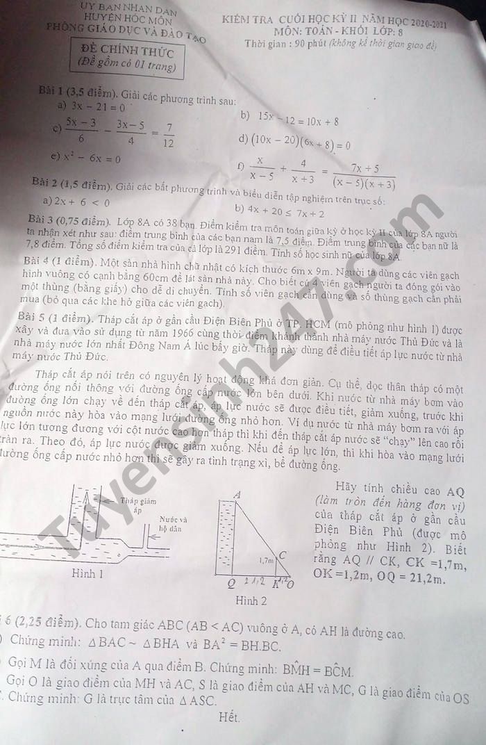 Đề thi học kì 2 môn Toán lớp 8 năm 2021 huyện Hóc Môn 
