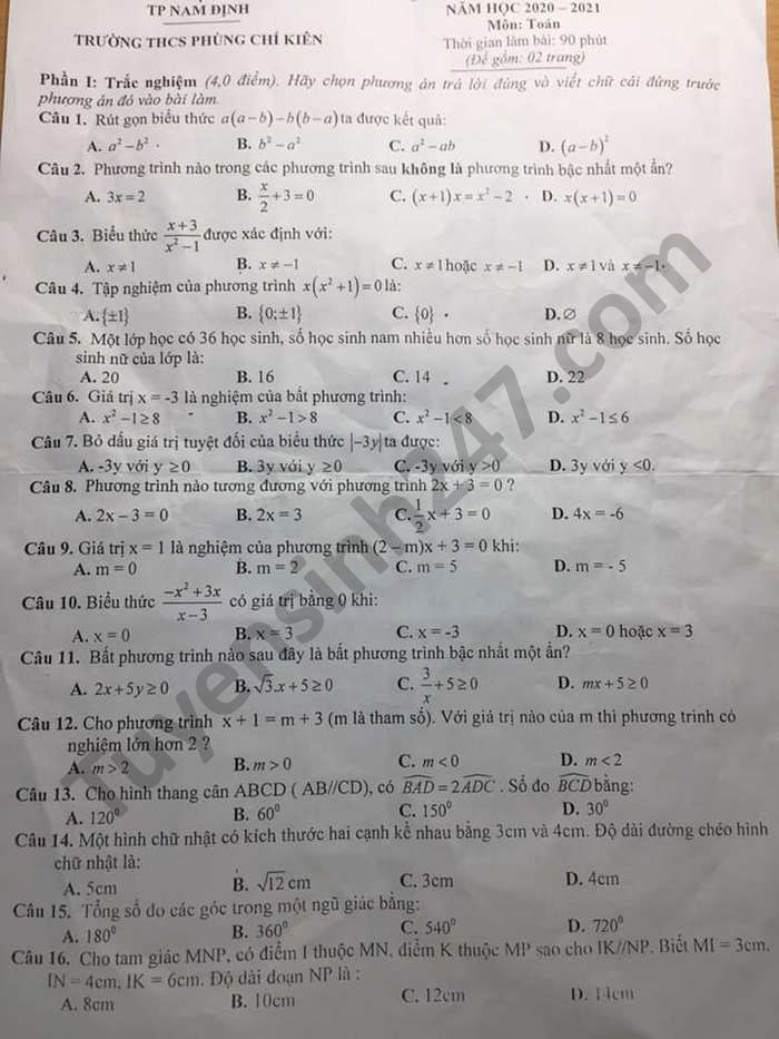 Đề thi học kì 2 môn Toán lớp 8 năm 2021 THCS Phùng Chí Kiên