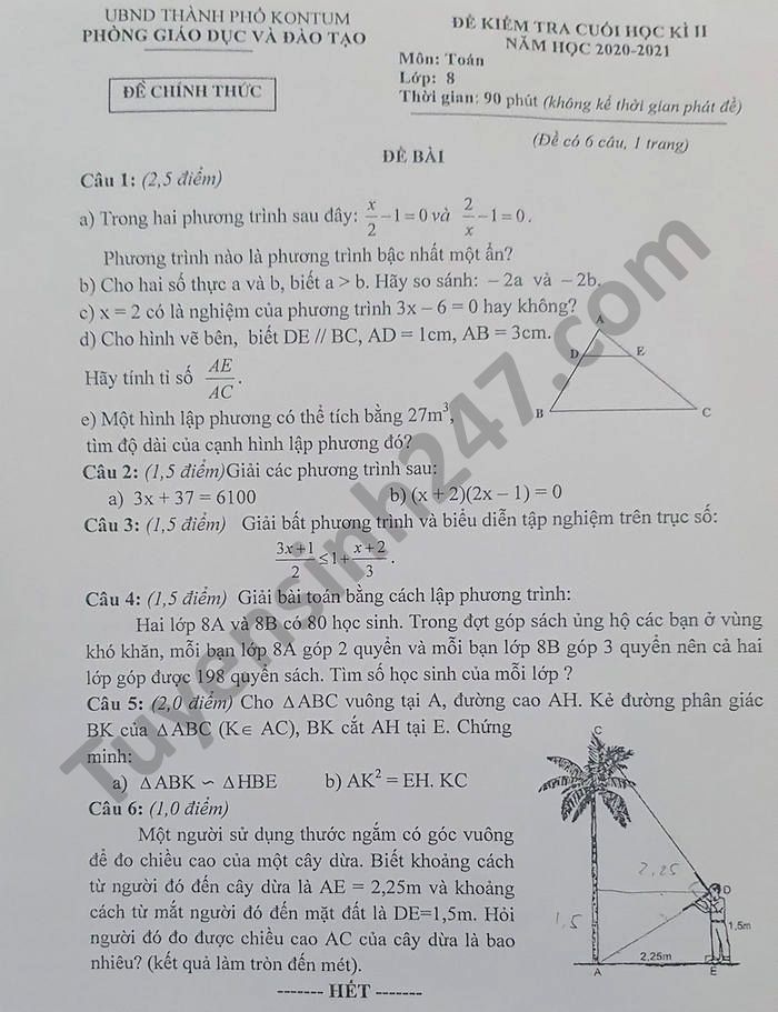 Đề thi học kì 2 năm 2021 Phòng GD TP Kon Tum môn Toán lớp 8 