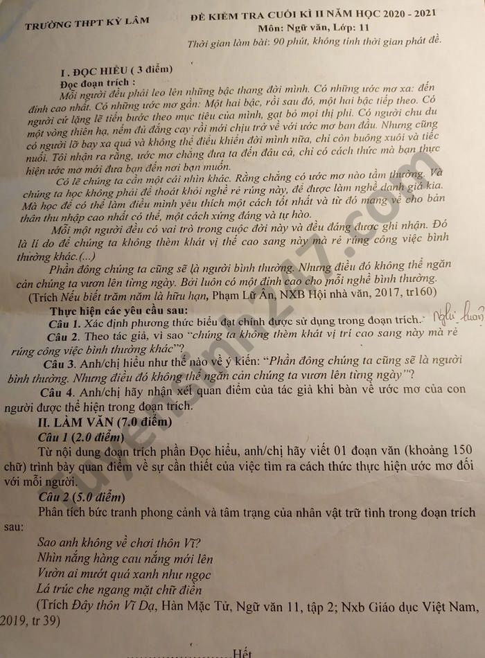 Đề thi học kì 2 môn Văn lớp 11 THPT Kỳ Lâm năm 2021 