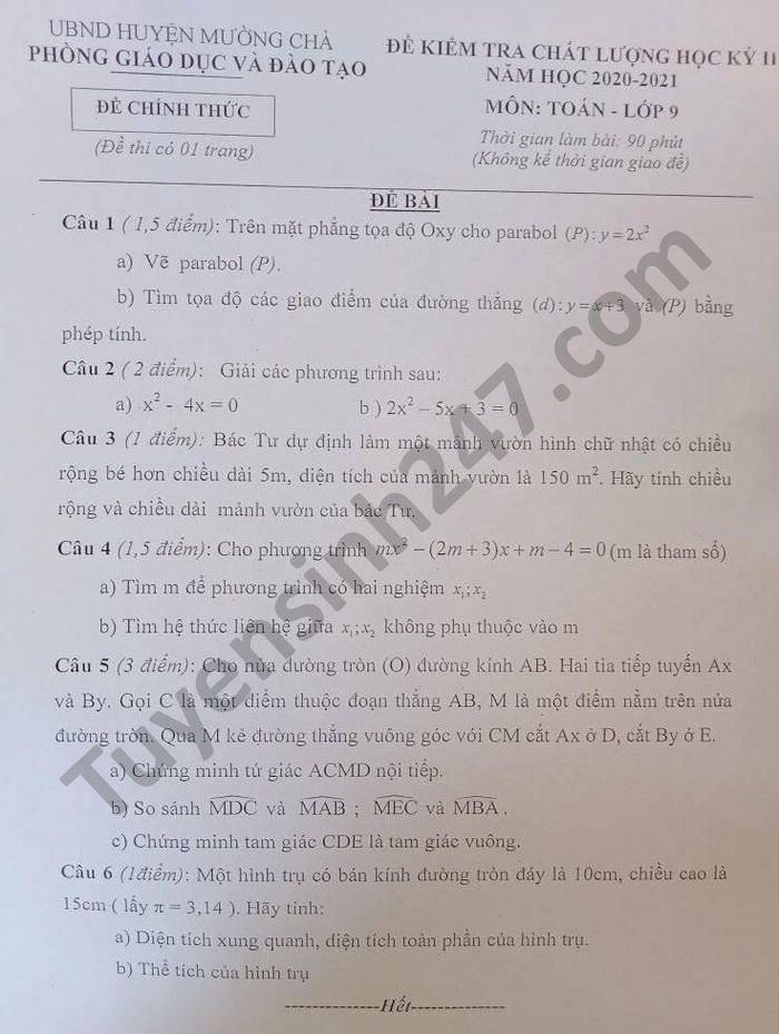 Đề thi học kì 2 môn Toán lớp 9 năm 2021 Phòng GD Mường Chà