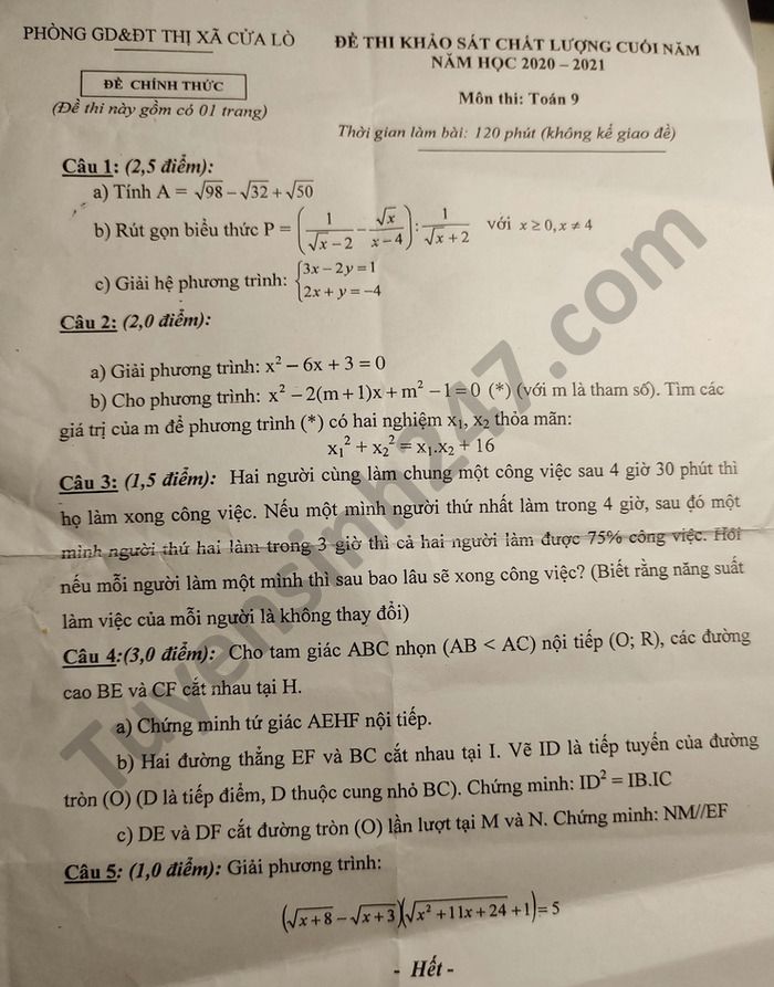 Đề thi học kì 2 năm 2021 Phòng GD TX Cửa Lò môn Toán lớp 9 