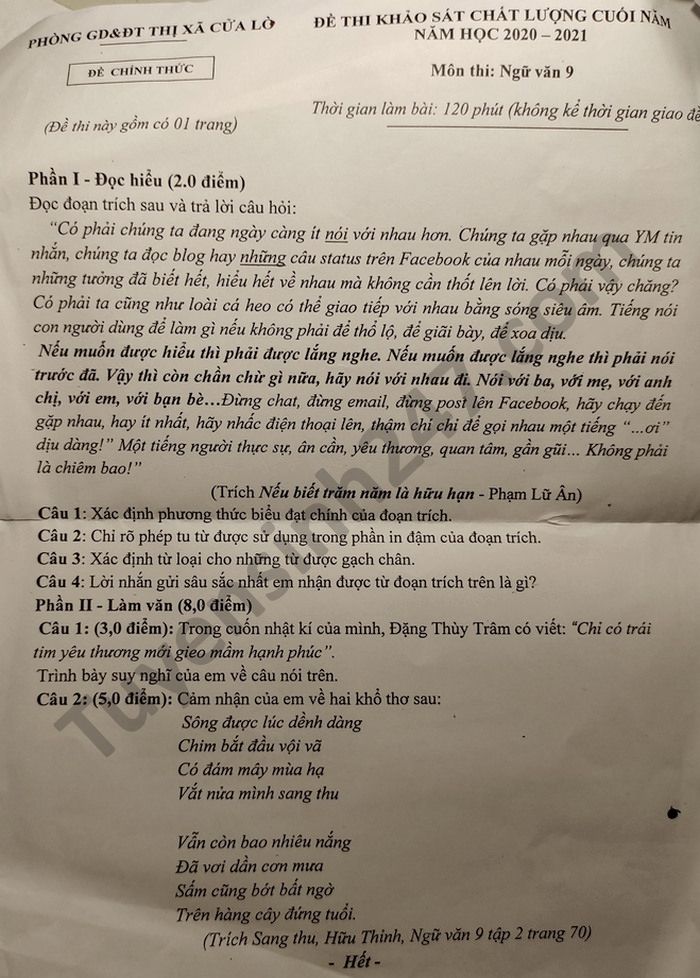 Đề thi học kì 2 Phòng GD TX Cửa Lò năm 2021 môn Văn lớp 9 