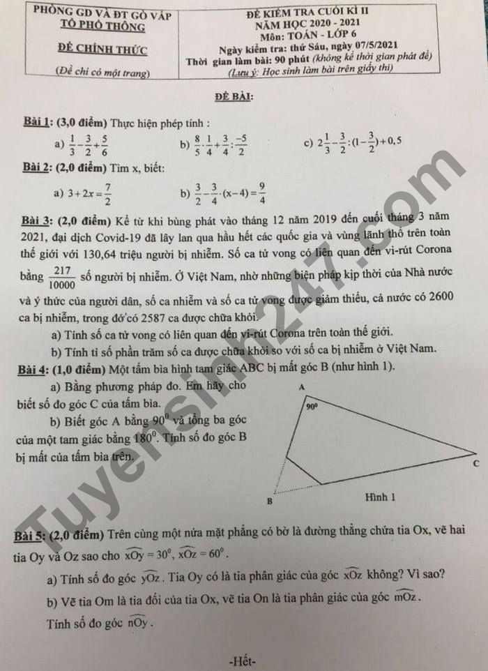 Đề thi học kì 2 lớp 6 môn Toán 2021 - Phòng GD Gò Vấp