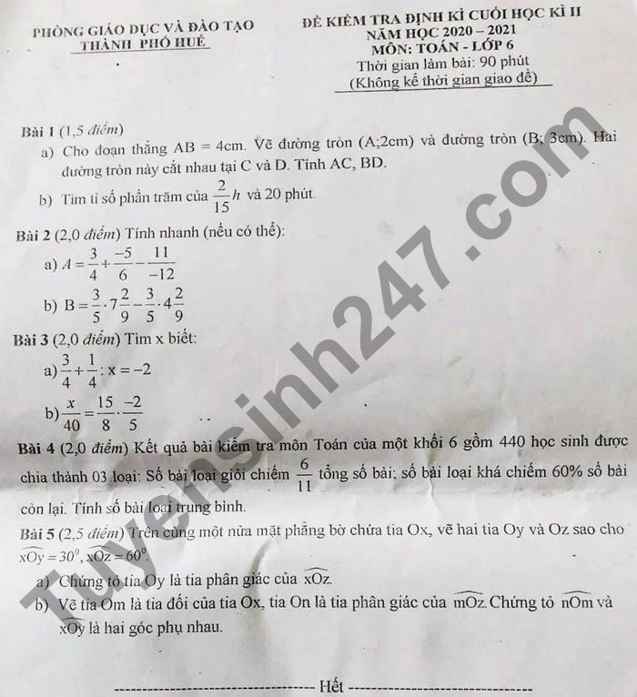 Đề thi cuối kì 2 môn Toán lớp 6 - TP Huế 2021