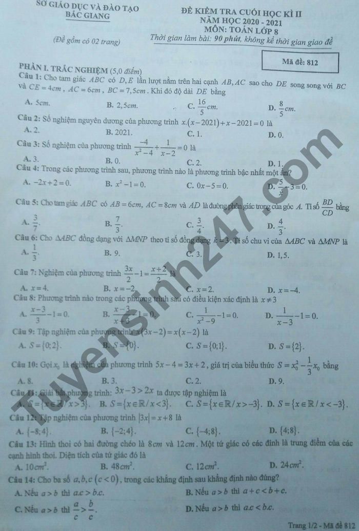 Đề thi kì 2 năm 2021 tỉnh Bắc Giang lớp 8 môn Toán