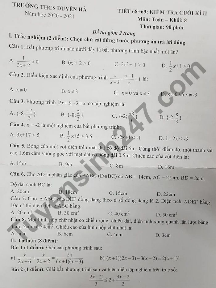 Đề thi học kì 2 môn Toán lớp 8 - THCS Duyên 2021