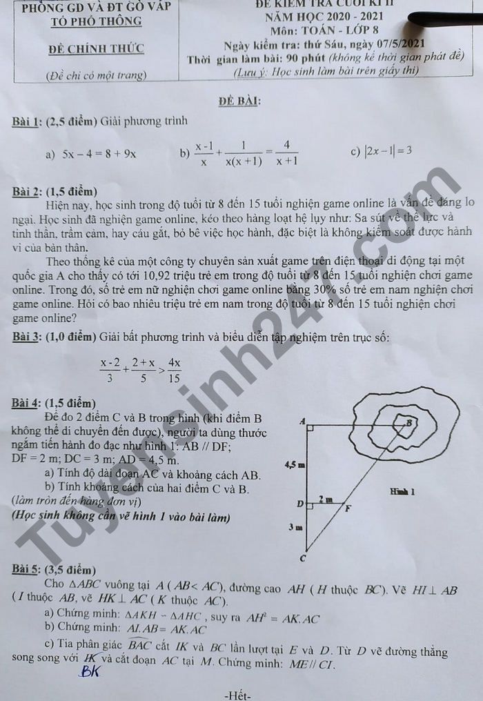 Đề thi cuối kì 2 năm 2021 Phòng GD Gò Vấp lớp 8 môn Toán