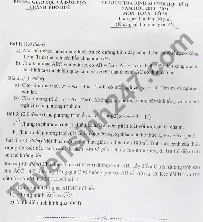 Đề thi học kì 2 môn Toán lớp 9 - TP Huế 2021