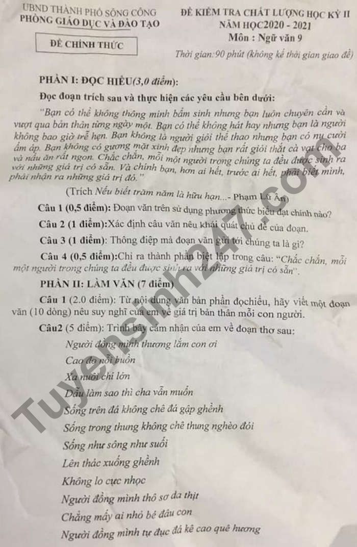 Đề thi học kì 2 môn Văn lớp 9 - TP Sông Công 2021