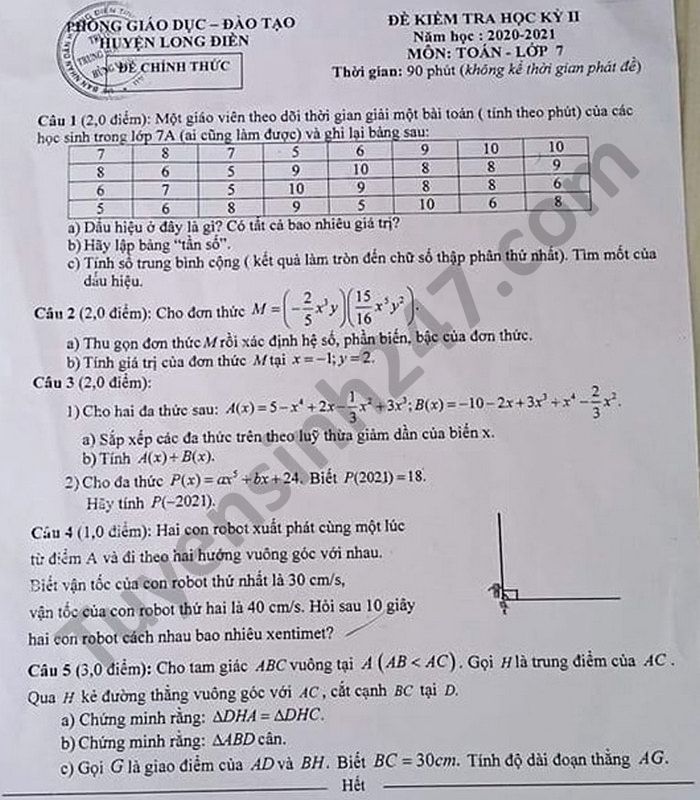 Đề thi học kì 2 năm 2021 môn Toán lớp 7 Phòng GD Long Điền