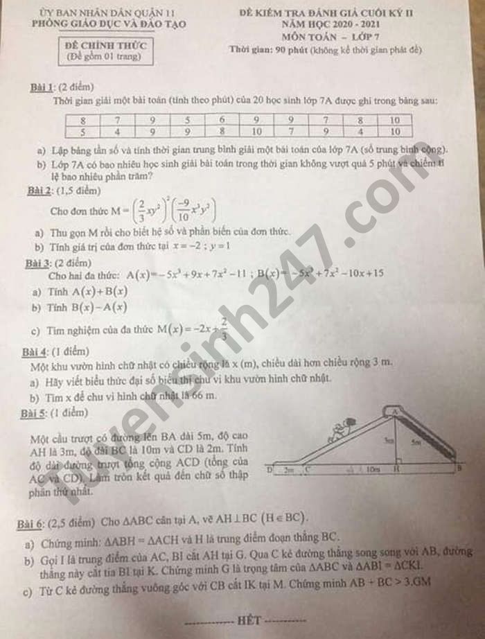 Đề thi học kì 2 môn Toán lớp 7 năm 2021 Phòng GD Quận 11