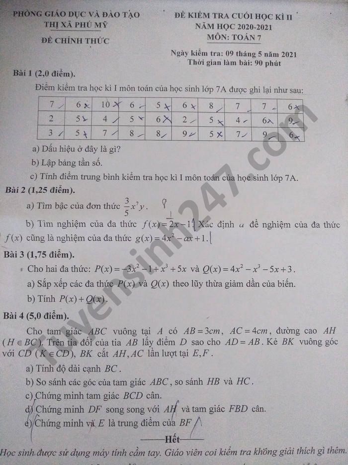 Đề thi học kì 2 TX Phú Mỹ môn Toán lớp 7 năm 2021