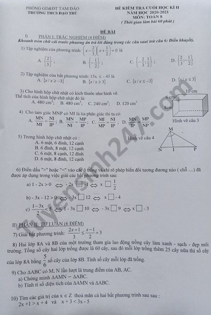 Đề thi học kì 2 môn Toán lớp 8 THCS Đạo Trù năm 2021