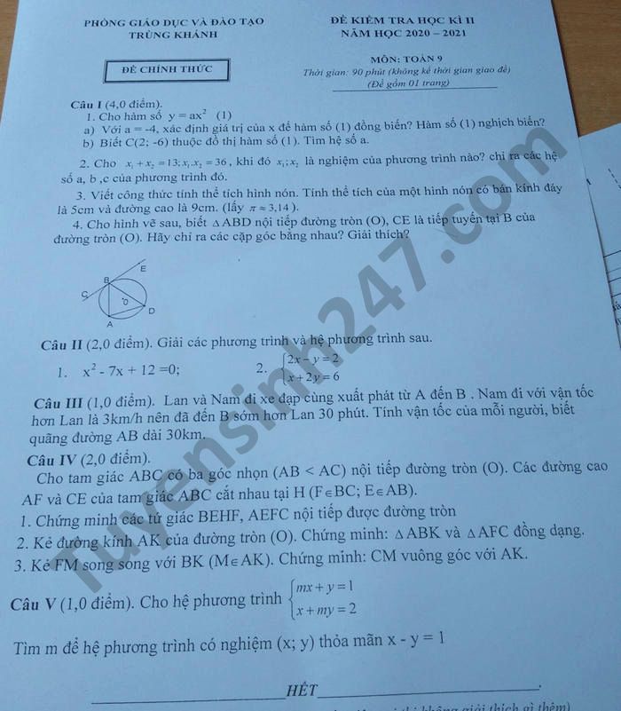 Đề thi học kì 2 Toán lớp 9 Phòng GD Trùng Khánh năm 2021