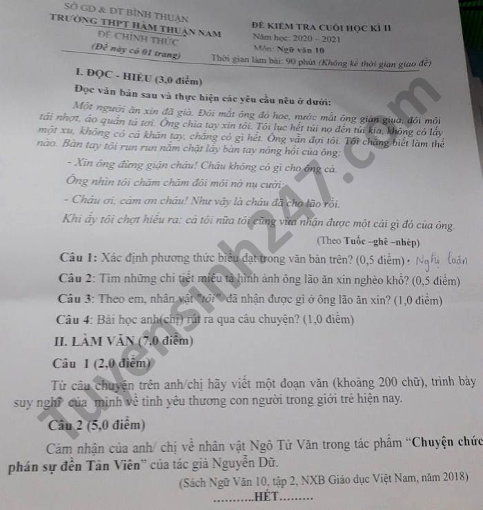 Đề thi học kì 2 THPT Hàm Thuận Nam năm 2021 môn Văn lớp 10