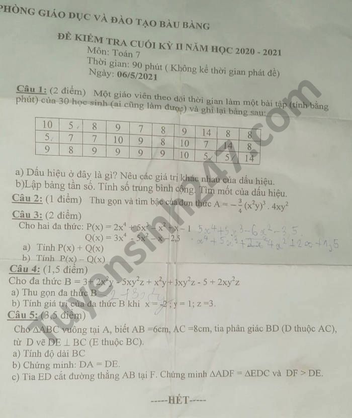 Đề thi học kì 2 môn Toán lớp 7 năm 2021 Phòng GD Bàu Bàng