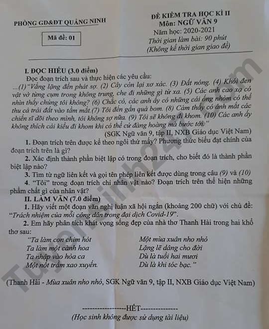 Đề thi kì 2 lớp 9 môn Văn 2021 - Phòng GD Quảng Ninh