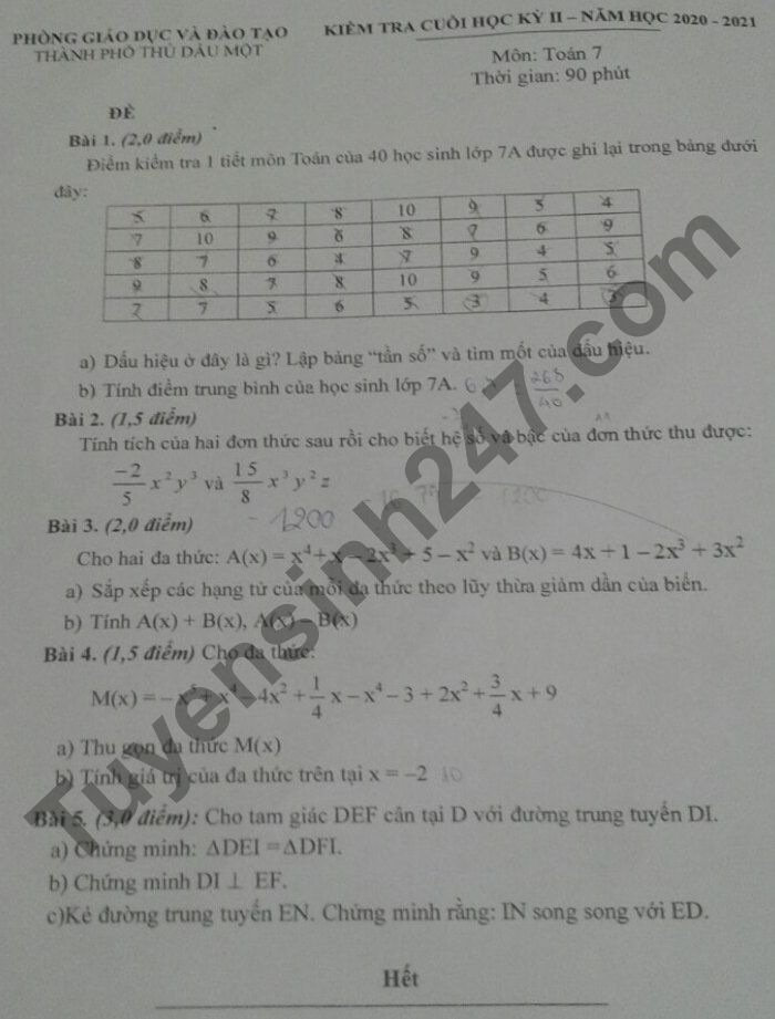 Đề thi kì 2 Toán lớp 7 - TP Thủ Dầu Một 2021