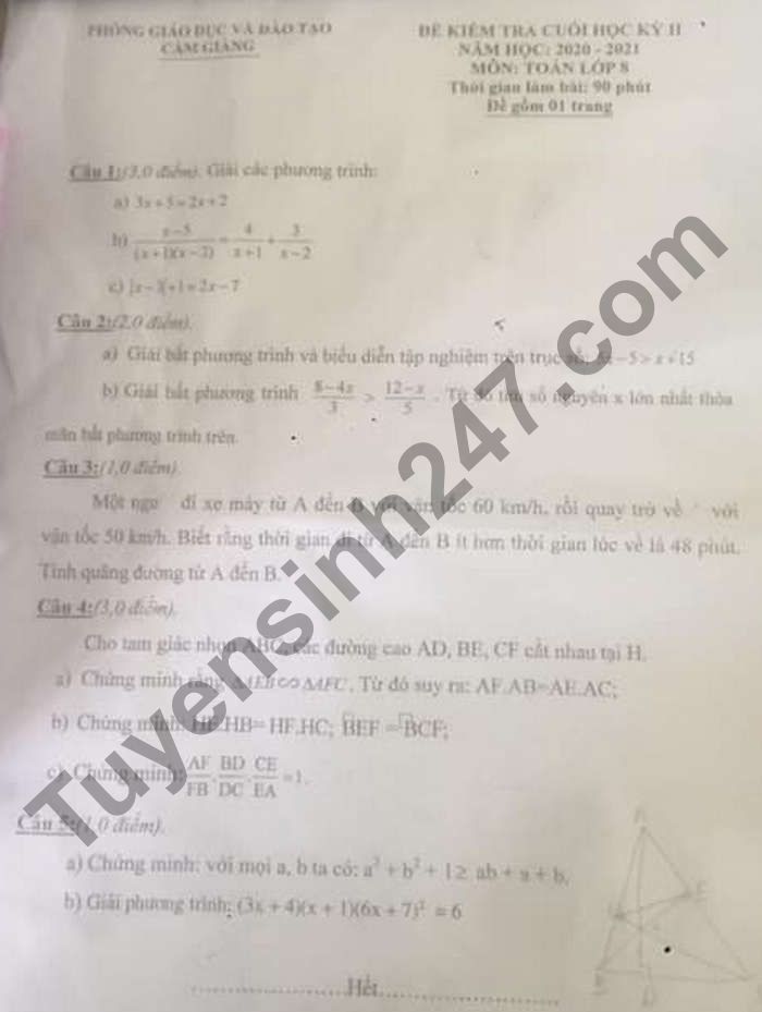 Đề thi học kì 2 lớp 8 môn Toán 2021 - Phòng GD Cẩm Giàng