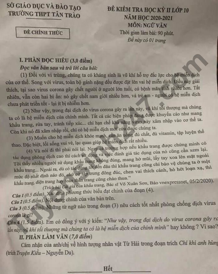 Đề thi kì 2 môn Văn lớp 10 - THPT Tân Trào 2021