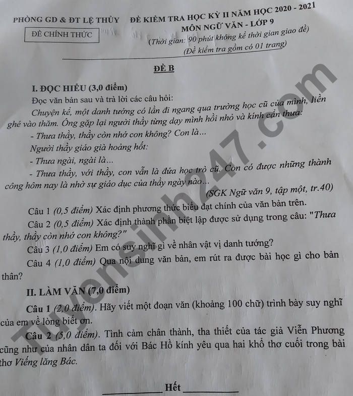 Đề thi cuối kì 2 môn Văn lớp 9 - Phòng GD Lệ Thủy 2021