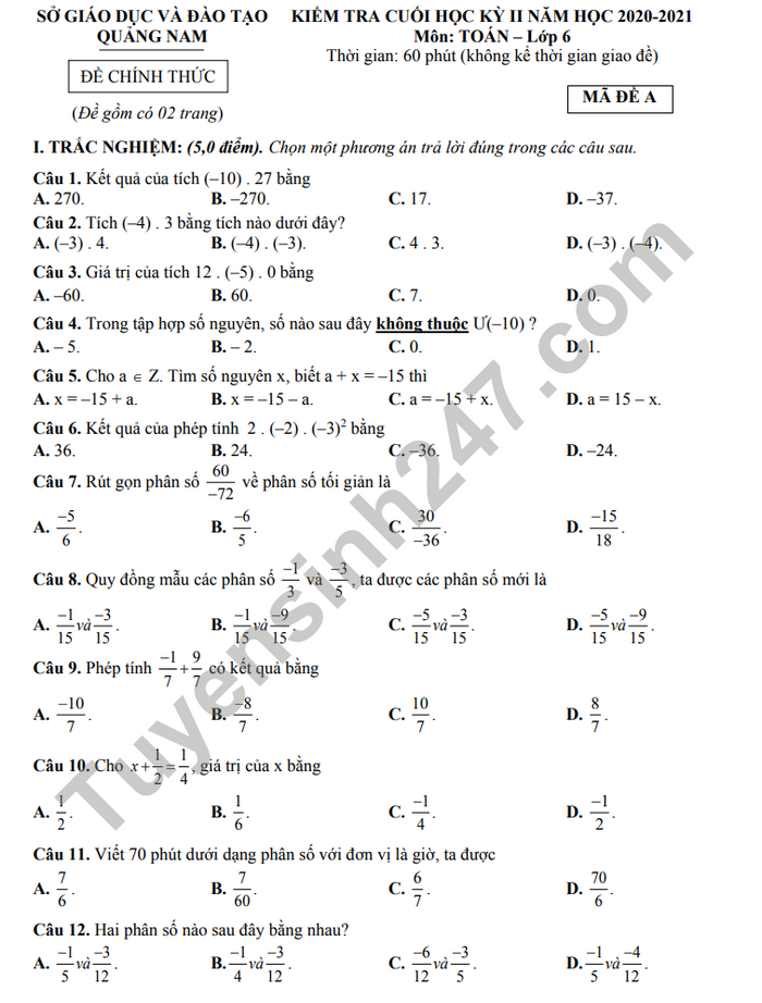Đề thi học kì 2 môn Toán lớp 6 Sở GD Quảng Nam năm 2021