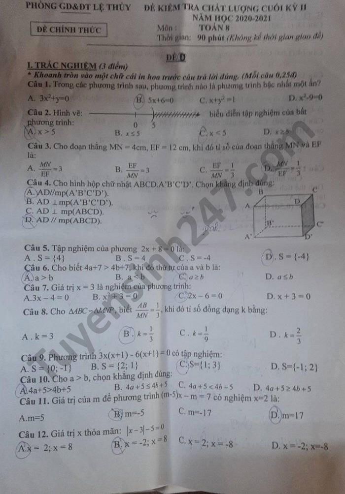 Đề thi học kì 2 Huyện Lệ Thủy năm 2021 môn Toán lớp 8