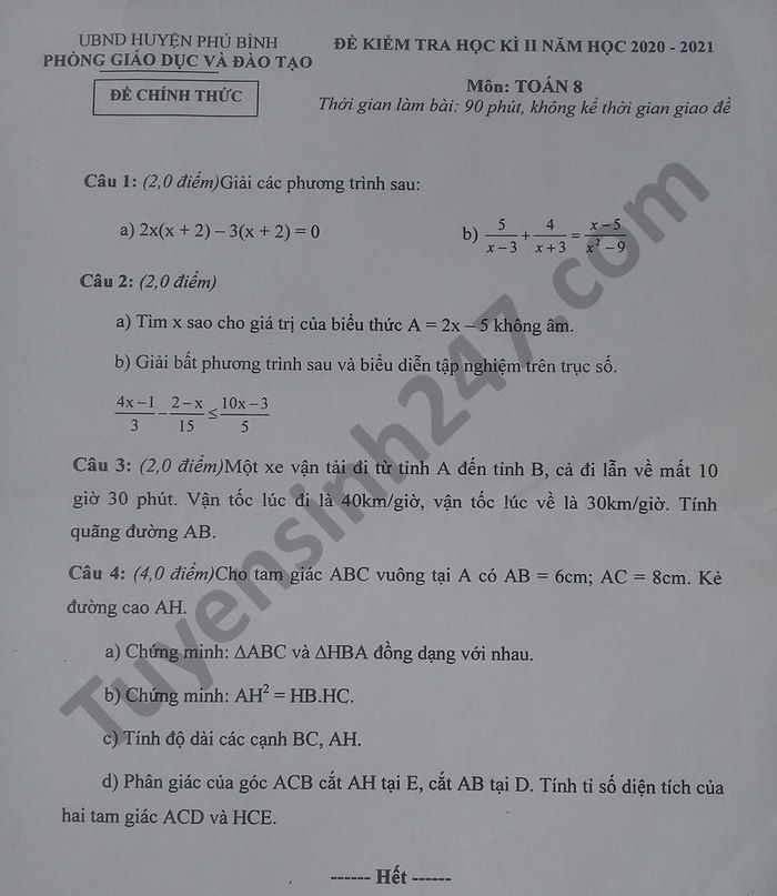 Đề thi học kì 2 lớp 8 môn Toán năm 2021 Phòng GD Phú Bình