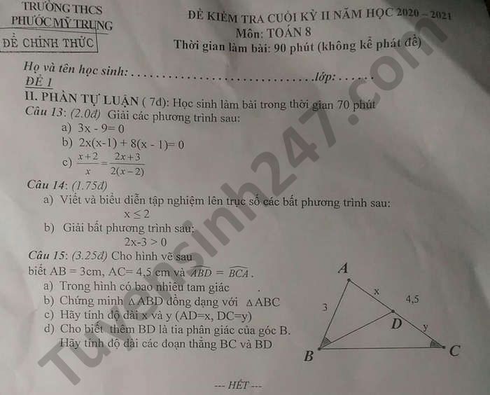 Đề thi học kì 2 môn Toán lớp 8 năm 2021 THCS Phước Mỹ Trung