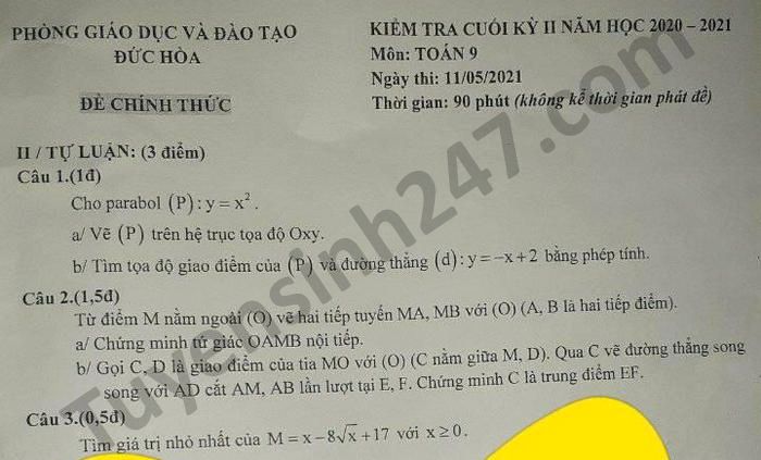 Đề thi học kì 2 năm 2021 Phòng GD Đức Hòa môn Toán lớp 9