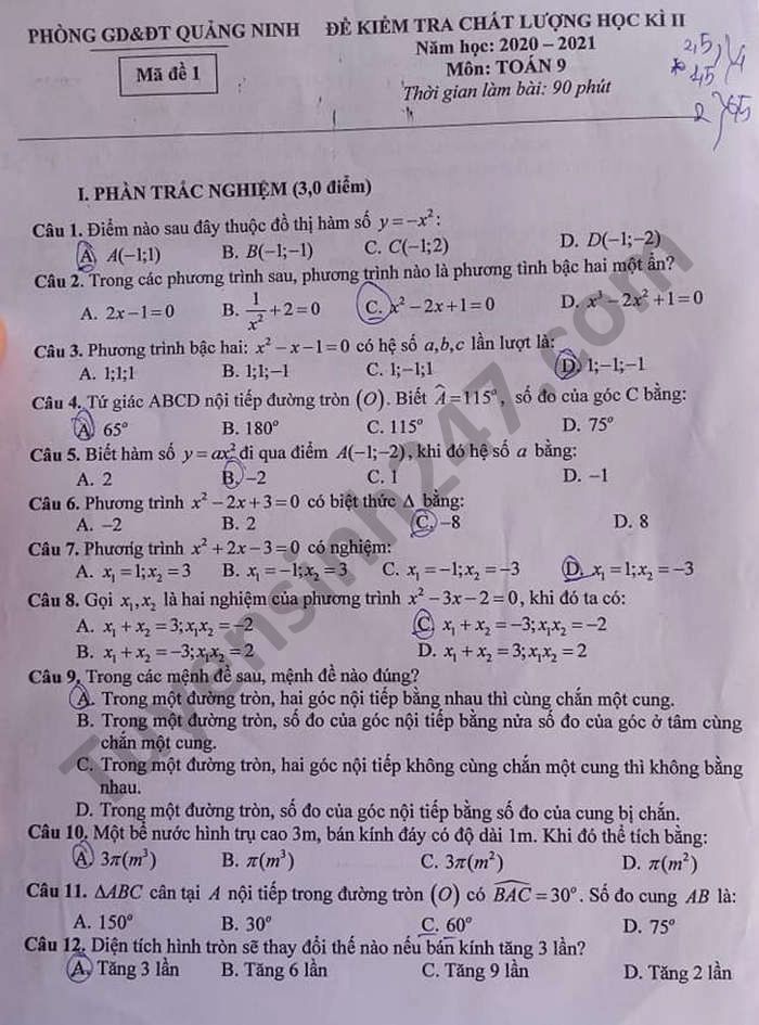 Đề thi học kì 2 môn Toán lớp 9 năm 2021 Phòng GD Quảng Ninh